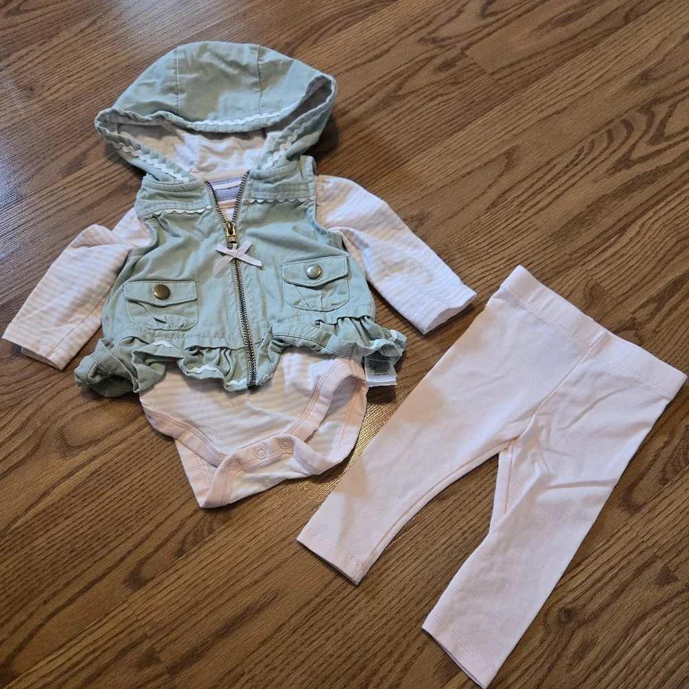 Tahari Baby Girl Matching Set with Denim Vest Hoodie Pink Bodysuit Leggings 0-3M